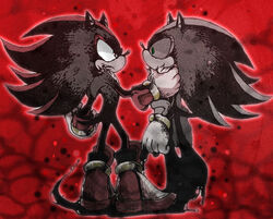 5_fingers anthro arm_grab big_eyes big_head black_body black_fur black_hair clothing duo eulipotyphlan eye_contact fingers footwear fur gloves green_eyes hair handwear hedgehog looking_at_another male mammal mephiles_the_dark mostly_nude red_background red_eyes sega shadow_the_hedgehog shoes sibling_(lore) side_view simple_background sonic_the_hedgehog_(series) standing toony twins_(lore) urahyu