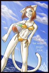 ball beach_ball bikini clothed clothing cloud domestic_cat felicia_nightshade felid feline felis female holding_ball holding_object inflatable keiron_white mammal outside pool_toy sea skimpy sky solo swimwear tail water