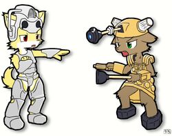 alternate_species anthro british_broadcasting_corporation canid canine canis cyberman dalek doctor_who domestic_dog duo furrification kaitou male mammal plunger simple_background tail weapon