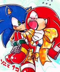 anthro bent_legs big_eyes big_head blue_body blue_fur bound bow_(feature) bow_ribbon bridal_carry carrying_another closed_smile duo eulipotyphlan fur gift gift_bow gift_wrapped hedgehog japanese_text knees_together knuckles_the_echidna legs_together male mammal mouth_closed open_mouth ribbons sega side_mouth smile sonic_the_hedgehog sonic_the_hedgehog_(series) text toony translated urahyu