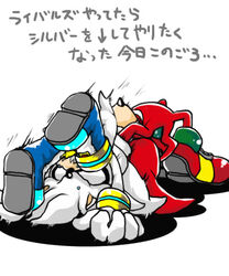 5:6 anthro duo echidna eulipotyphlan german_suplex hedgehog japanese_text knuckles_the_echidna male mammal monotreme mostly_nude sega silver_the_hedgehog simple_background sonic_the_hedgehog_(series) suplex text translation_request upside-down urahyu white_background