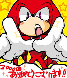 anthro big_eyes big_head front_view japanese_text knuckles_the_echidna looking_at_viewer low_res male mammal sega solo sonic_the_hedgehog_(series) text toony translated unknown_species urahyu