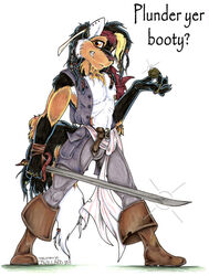 2003 anthro bandana black_hair boots canid canine canis clothed clothing ear_piercing falstaff_(jessica_willard) footwear hair jessica_willard kerchief male mammal melee_weapon nipple_piercing nipples open_clothing open_shirt open_topwear orange_eyes piercing pirate shirt solo sword tail topwear traditional_media_(artwork) weapon wolf