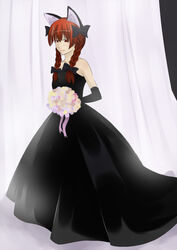 animal_humanoid armwear ball_gown black_armwear black_bow black_clothing black_dress black_elbow_gloves black_gloves black_handwear black_wedding_dress braided_hair bride cat_humanoid clothed clothing dark_bride digital_media_(artwork) dress elbow_gloves felid felid_humanoid feline feline_humanoid female full-length_portrait fully_clothed gloves hair handwear humanoid kituni_(nitroglycerin) mammal mammal_humanoid neco_(artist) portrait red_hair ribbons rin_kaenbyou solo touhou twin_braids twintails wedding_dress