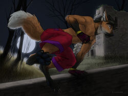 action_pose anthro canid canine clothing dead_tree detailed_background escaping facial_hair fadzai fox gloves goatee handwear hindpaw hupakko light male mammal moon moonlight outside parkour paws plant pose solo tail tree vaulting