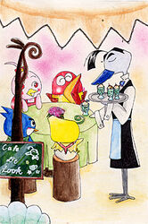 ambiguous_gender apron avian avian_feet barefoot beak beverage bird black_clothing black_eyebrows black_eyes black_hair blue_apron blue_beak blue_body blue_clothing blue_face blue_feathers cape chalkboard closed_eyes clothed clothing cormoran dark_eyebrows dark_hair dessert eyebrows feathers feet female food furniture green_clothing green_topwear grey_body grey_face grey_feathers group hair holding_platter ice_cream ice_cream_float information_board kyoro_chan kyoro_chan_(series) light_body light_clothing light_face light_feathers log low_res mikken monotone_body monotone_face monotone_feathers monotone_hair multicolored_face no_pupils open_mouth orange_beak pachikuri pastel_(artwork) pink_body pink_face pink_feathers red_body red_clothing red_eyes red_face red_feathers red_topwear round_table short_hair sign simple_background sitting standing table tablecloth topwear traditional_media_(artwork) two_tone_face unavailable_at_source unknown_artist waist_apron waiter white_body white_clothing white_face white_feathers wood yellow_beak