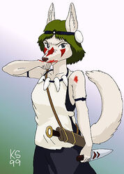 1999 alternate_species anthro black_nose blood bodily_fluids canid canine canis female fur furrification ghibli hair holding_knife holding_object ken_singshow knife mammal mononoke_hime san_(princess_mononoke) signature solo tail white_body white_fur wolf