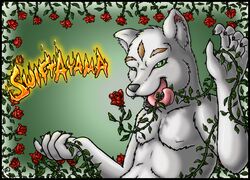 5_fingers anthro arctic_fox black_border border canid canine character_name claws digital_media_(artwork) fingers fire flower forceswerwolf fox fur green_eyes grey_body grey_fur half-length_portrait humanoid_hands inner_ear_fluff looking_at_viewer male mammal name_badge nude plant portrait rose_(flower) solo swiftayama text tongue tongue_out true_fox tuft vines white_body white_fur