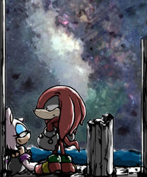 5:6 anthro bat big_eyes big_head clothed clothing column detailed_background digital_media_(artwork) duo female fur knuckles_the_echidna male mammal outside rouge_the_bat ruins sea seascape sega sitting sky smile sonic_the_hedgehog_(series) standing tail toony urahyu water