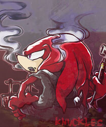 anthro big_eyes big_head clothed clothing knuckles_the_echidna male mammal restricted_palette sega simple_background smoke solo sonic_the_hedgehog_(series) toony unknown_species urahyu