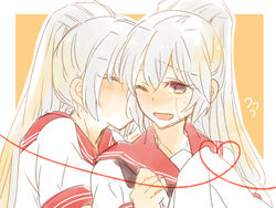  2girls akuma_no_riddle banba_mahiru banba_shin&#039;ya closed_eyes commentary_request dual_persona grey_hair heart heart_of_string kissing kissing_cheek long_hair multiple_girls one_eye_closed ponytail purple_eyes scar school_uniform serafuku yuri zawameki 