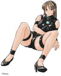  brown_eyes brown_hair champ+ commentary_request female game_console hairband high_heels long_hair microsoft personification product_girl shoes smile solo thigh_strap xbox-tan 