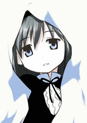  akemi_homura akemi_homura_(black_dress) black_hair blanket commentary_request dress female funeral_dress long_hair looking_at_viewer mahou_shoujo_madoka_magica mahou_shoujo_madoka_magica:_hangyaku_no_monogatari portrait smile solo spoilers white_background yukimura_kaname 