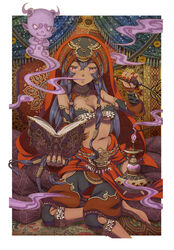  anklet arabian_clothes arabian_nights barefoot barefoot_sandals_(jewelry) black_hair book breasts cleavage commentary_request dark_skin feet female genie hair_tubes hookah jewelry long_hair medium_breasts midriff navel necklace purple_eyes ring scheherazade_(arabian_nights) smoke vinhnyu 