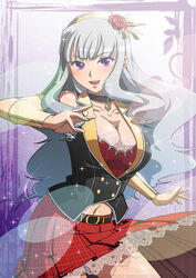  bad_id bad_pixiv_id bare_shoulders bracelet breasts choker cleavage female grey_hair hairband idolmaster idolmaster_(classic) jewelry kawamura_kazuma lace large_breasts long_hair navel open_mouth photoshop_(medium) pleated_skirt purple_eyes shijou_takane skirt smile solo vest 