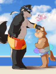  anthro beach black_hair blush bogexboog bottomwear brown_body brown_fur canid canine canis clothed clothing detailed_background domestic_dog duo eyewear floatie fur goggles hair hi_res inflatable male mammal nipples open_mouth outside pecs petting sand sea seaside shorts sky slightly_chubby smile speedo standing swimwear text topless underwear underwear_festival water young young_anthro 