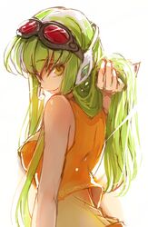  adjusting_hair bare_shoulders breasts c.c. code_geass commentary_request cosplay creayus female goggles goggles_on_head green_hair gumi gumi_(cosplay) headset holding holding_own_hair large_breasts long_hair looking_at_viewer looking_back simple_background smile solo trait_connection twitter_username vocaloid white_background yellow_eyes 