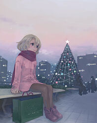  blonde_hair blue_eyes boots christmas_tree female lowres original outdoors pantyhose scarf short_hair smile solo weno weno&#039;s_blonde_original_character 