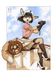  2015 anthro binoculars biped black_nose boat bottomwear breasts brown_body brown_fur brown_hair canid canine claws clothing female footwear fox fur gil_elvgren hair harley hat headgear headwear high_heels hybrid kacey lagomorph legwear leporid long_hair mammal outside pinup pose pumps rabbit sea ships_wheel shoes sitting skirt sky solo stockings tail underwear uniform vehicle water watercraft wheel yellow_eyes 