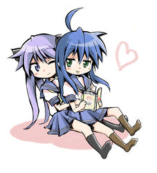  2girls :3 ahoge blue_eyes blue_hair chibi green_eyes heart hiiragi_kagami hug hug_from_behind izumi_konata jiageya_(atojian_keikaku) long_hair lucky_star mole mole_under_eye multiple_girls purple_hair shijuuhatte twintails white_background yuri 