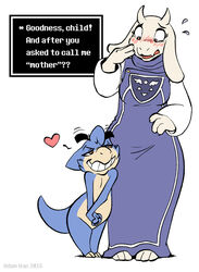  2015 adam_wan anthro blush caprine clothed clothing dialogue duo english_text female flirting fur goat half-closed_eyes heart horn humor larger_female long_ears looking_down looking_up male mammal nude red_eyes simple_background size_difference smile text toriel undertale video_games white_background white_fur 