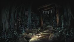  female forest nature night official_art protagonist_(yomawari) rope shimenawa stairs torii yomawari yomawari_(series) 