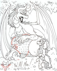  3_toes angry claws dialogue dragon duo english_text european_mythology feet food fruit fur furred_dragon furred_scalie greldon horn mine monochrome mythological_creature mythological_scalie mythology nacht_(artist) plant pouting rangarig_rex scales scalie strawberry tail text toe_claws toes western_dragon yelling 