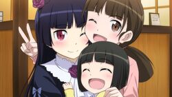  3girls :d ;) ;d ^_^ artist_request black_hair brown_eyes brown_hair closed_eyes dress game_cg gokou_hinata gokou_ruri gokou_tamaki gothic_lolita hug lolita_fashion long_hair multiple_girls official_art one_eye_closed open_mouth ore_no_imouto_ga_konna_ni_kawaii_wake_ga_nai red_eyes short_hair siblings sisters smile sweater twintails v 