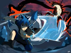  4:3 battle better_version_at_source blue_hair canid canine demon duo fox hair jace_(character) kaito mammal melee_weapon multi_tail night seiryuuden sword tail weapon 