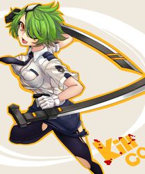  ashita_(2010) bad_id bad_pixiv_id black_pantyhose bladed_tonfa blush breasts dual_wielding eyepatch female gloves green_hair hair_over_one_eye highres holding impossible_clothes impossible_shirt large_breasts looking_at_viewer necktie open_mouth otonashi_kiruko pantyhose pencil_skirt police police_uniform shinmai_fukei_kiruko-san shirt short_hair skirt smile solo tonfa torn_clothes torn_pantyhose uniform weapon white_gloves yellow_eyes 