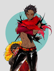  1boy abs aged_down alternate_color angry bad_id bad_pixiv_id belt_buckle black_hair black_pants buckle clenched_teeth collar colored_sclera covering_own_mouth cowboy_shot crossed_arms d: dark-skinned_male dark_persona dark_skin earrings female fur_trim genderswap_(mtf) gloves grey_background groin highres humanization jacket jewelry long_sleeves looking_at_viewer midriff multicolored_hair navel open_clothes open_jacket open_mouth pants papyrus_(undertale) peeking_out red_gloves red_hair red_scarf red_sclera rule_63 sans_(undertale) scar scar_across_eye scar_on_face scarf sharp_teeth shiny_clothes short_hair siblings slit_pupils teeth topless_male torn_clothes torn_scarf torn_sleeves two-tone_hair underfell undertale v-shaped_eyebrows wide_sleeves yamtteng yellow_eyes 