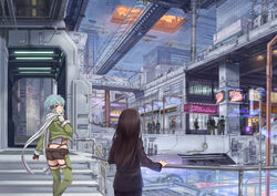  6+boys ass black_hair blue_eyes blue_hair building commentary_request cyberpunk female fingerless_gloves gloves glowing gun hair_ornament hairclip highres kirito kirito_(sao-ggo) long_hair multiple_boys otoko_no_ko rifle scarf scenery science_fiction short_hair shorts sinon sniper_rifle sword_art_online weapon yuugure 