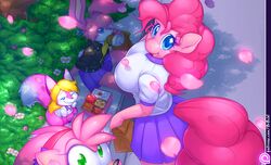  0r0ch1 amy_rose anthro babs_bunny bento_box bottomless bottomwear breasts burger canon_x_oc clothed clothing crossover earth_pony eating english_text equid equine eulipotyphlan fan_character female flower food friendship_is_magic grin group happy hasbro hedgehog horse jacket lagomorph leporid looking_at_viewer lunch mammal mimi_(disambiguation) my_little_pony patreon patreon_logo patreon_username petals pinkie_pie_(mlp) plant pony rabbit school_uniform sega shirt size_difference skirt smile sonic_the_hedgehog_(series) sonic_x text thick_thighs thin_thighs tiny_toon_adventures topwear uniform url warner_brothers website_logo wide_hips 