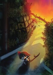  blood blood_splatter dusk female hair_ribbon hairband highres official_art protagonist_(yomawari) ribbon road solo street yomawari yomawari_(series) 