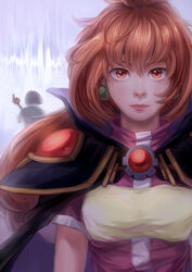  1boy bad_id bad_pixiv_id cape cloak earrings female highres jewelry li_jing lina_inverse lips orange_hair purple_hair red_eyes shoulder_pads slayers staff xelloss 