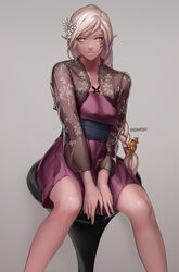  artist_name bangs between_legs braid dark_skin dress dungeon_and_fighter elf eyeshadow facial_mark facial_tattoo flower grey_background hair_flower hair_ornament hand_between_legs highres korean_clothes legs long_hair looking_at_viewer makeup md5_mismatch monaim parted_lips pointy_ears purple_dress rogue_(dungeon_and_fighter) sash see-through short_dress silver_eyes silver_hair simple_background single_braid sitting smile solo stool strapless strapless_dress swept_bangs tattoo thief_(dungeon_and_fighter) v_arms 