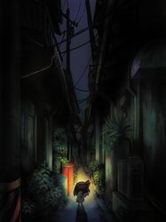  alley bow brown_hair facing_away female hairbow highres night night_sky official_art outdoors plant power_lines protagonist_(yomawari) shadow sky vanishing_point yomawari yomawari_(series) 