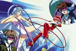  angelic_layer blue_hair brown_hair hikaru hikaru_(angelic_layer) jounouchi_sai pink_hair red_eyes school_uniform seifuku serafuku shirahime shirahime_(angelic_layer) suzuhara_misaki thighhighs 