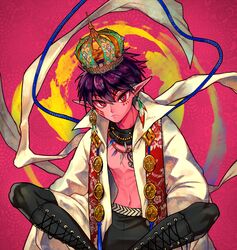  1boy bad_id bad_pixiv_id bare_pectorals bead_necklace beads black_footwear black_hair black_pants boots chest_tattoo chrysanthemum closed_mouth coat coin_(ornament) colored_skin commentary cross-laced_footwear crown dungeon_and_fighter ear_piercing earrings facial_mark feather_earrings feathers floral_background flower frown gold_trim hagoromo highres jewelry knee_boots lace-up_boots looking_at_viewer male_focus male_mage_(dungeon_and_fighter) navel necklace open_clothes open_coat pants pectorals piercing pink_background pink_skin pointy_ears purple_hair red_eyes rope shawl shirt sitting solo stole stomach swift_master_(dungeon_and_fighter) tattoo topless_male untied yamtteng 