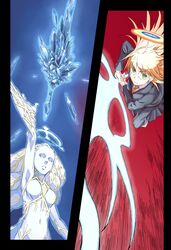  2girls angel archangel_gabriel_(toaru) bad_id bad_pixiv_id battle blazer blonde_hair blue_halo breasts colorized crystal crystal_sword duel energy energy_sword eyebrows fuse=kazakiri glasses glowing glowing_halo glowing_sword glowing_weapon haimura_kiyotaka halo highres holding holding_sword holding_weapon ice ice_crystal jacket kazakiri_hyouka kirigaoka_girls&#039;_academy_school_uniform long_skirt magic medium_breasts multicolored_eyes multicolored_halo multiple_girls necktie no_eyebrows official_art polaris55740 psychic rainbow_halo school_uniform skirt sword toaru_majutsu_no_index toaru_majutsu_no_index:_old_testament unsheathed weapon winter_uniform 