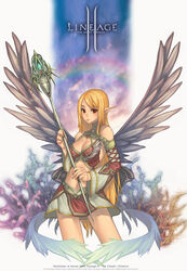  2005 blonde_hair breasts character_request cleavage copyright_name detached_sleeves elf elf_(lineage_2) female highres kkuem lineage lineage_2 long_hair medium_breasts midriff player_character_(lineage_2) pointy_ears rainbow skirt solo wand wings 