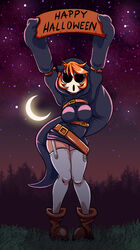  arms_up belt black_dress boots commentary_request contrapposto crescent_moon dress english_text female full_body garter_straps genderswap_(mtf) halloween highres holding holding_sign hollow_eyes hollow_mouth hood hood_up hooded_dress mario_(series) mask moon multiple_belts orange_hair pigeon-toed plague_of_gripes rule_63 short_hair shy_gal shy_guy sign sleeves_past_wrists solo standing thighhighs toon_(style) white_thighhighs 