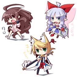  3girls 7th_dragon 7th_dragon_(series) ahoge animal_ears bandaged_leg bandages bell blonde_hair blue_dress blush_stickers bow brown_eyes brown_hair cloak commentary_request dress fox_ears green_eyes hood hooded_jacket jacket jingle_bell katana kuro_(kurokami) kurokami long_hair long_sleeves multiple_girls pointy_ears red_bow reku samurai_(7th_dragon_series) scabbard serious sheath silver_hair simple_background standing sword unsheathing very_long_hair weapon white_background 