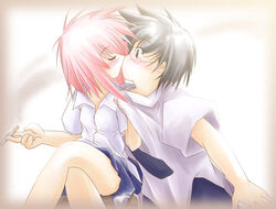  blush brown_hair cigarette glasses kissing mahoraba momono_megumi red_hair shiratori_ryushi smoking 