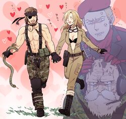  3boys 50yen_(gojiue) :d ^_^ ammunition_pouch anger_vein beard belt big_boss biting_own_lip black_gloves blonde_hair blush boots breasts brown_hair camouflage camouflage_legwear cleavage closed_eyes commentary_request crying crying_with_eyes_open eva_(metal_gear) eyepatch facial_hair female gloves goggles goggles_around_neck grass hat headband headset heart holding holding_hands holster interlocked_fingers jealous leg_up load_bearing_equipment long_hair medium_breasts metal_gear_(series) metal_gear_solid_3:_snake_eater moustache multiple_boys muscular naked_snake navel open_mouth pouch push-to-talk_device revolver_ocelot running scar smile snake spetsnaz stabo_harness streaming_tears tears the_end_(metal_gear) topless_male translation_request trembling 