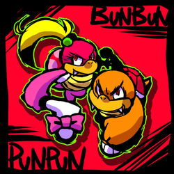  1:1 anthro boom_boom boomerang duo fangs female hair koopa male mario_bros nintendo pom_pom_(mario) ponytail red_background red_eyes ribbons satsukizuki_(siwasuduki128) scalie simple_background teeth 