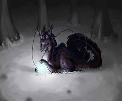 2010 asian_mythology bioluminescence bright canid canine close_(disambiguation) closed_eyes dark detailed_background dragon east_asian_mythology eastern_dragon female feral forest glowing holding_object horn kyuushi light long_tail mammal mythological_creature mythological_scalie mythology night orb outside plant requiem_(character) sad scalie sitting snow solo tail tree whiskers winter wood