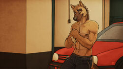 16:9 2011 abs anthro athletic athletic_anthro athletic_male belt biceps black_bottomwear black_clothing black_pants bottomwear canid canine canis car cloth clothed clothing detailed_background domestic_dog fur garage german_shepherd herding_dog leaning male mammal markings muscular muscular_anthro muscular_male nipple_piercing nipples orange_eyes pants pastoral_dog pecs piercing rag smove solo stefan_(smove) topless tsaiwolf vehicle volkswagen volkswagen_golf wallpaper widescreen