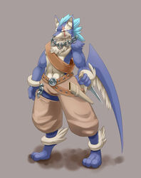 anthro bandai_namco barefoot belt biped biri blue_body blue_fur bottomwear canid canine canis chains closed_eyes clothed clothing domestic_dog feet fur knife male mammal pants repede riot41 scar simple_background solo tales_of_(series) tales_of_vesperia topless weapon white_body white_fur