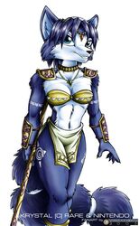 2003 anthro blue_body blue_fur blue_hair bottomwear breasts canid canine clothing female fox fur hair krystal_(star_fox) loincloth mammal nintendo raymond_yap simple_background solo star_fox tail white_background white_body white_fur